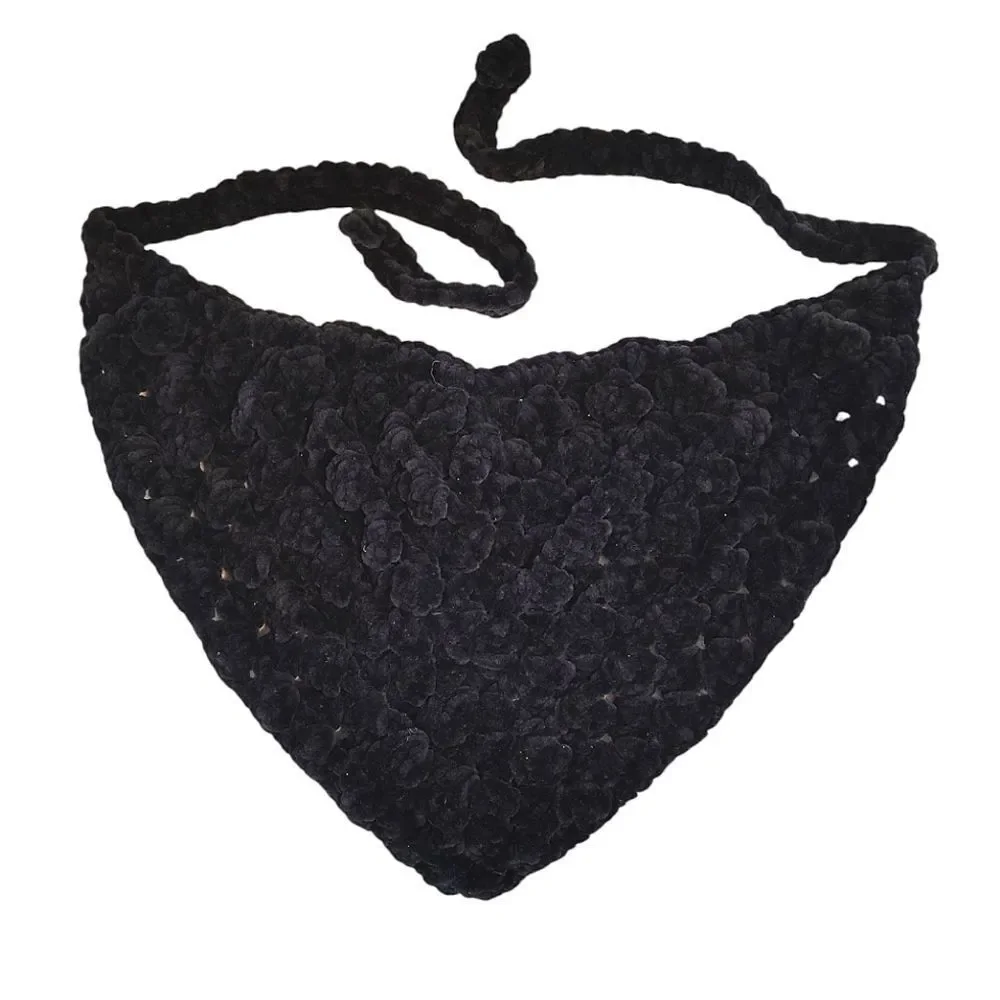 Handmade Black Chunky Wide‎ Yarn Crochet Head Scarf Bonnet NEW